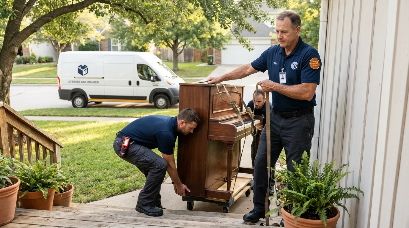 Licensed piano movers securing grand piano in Detroit Lakes, MN