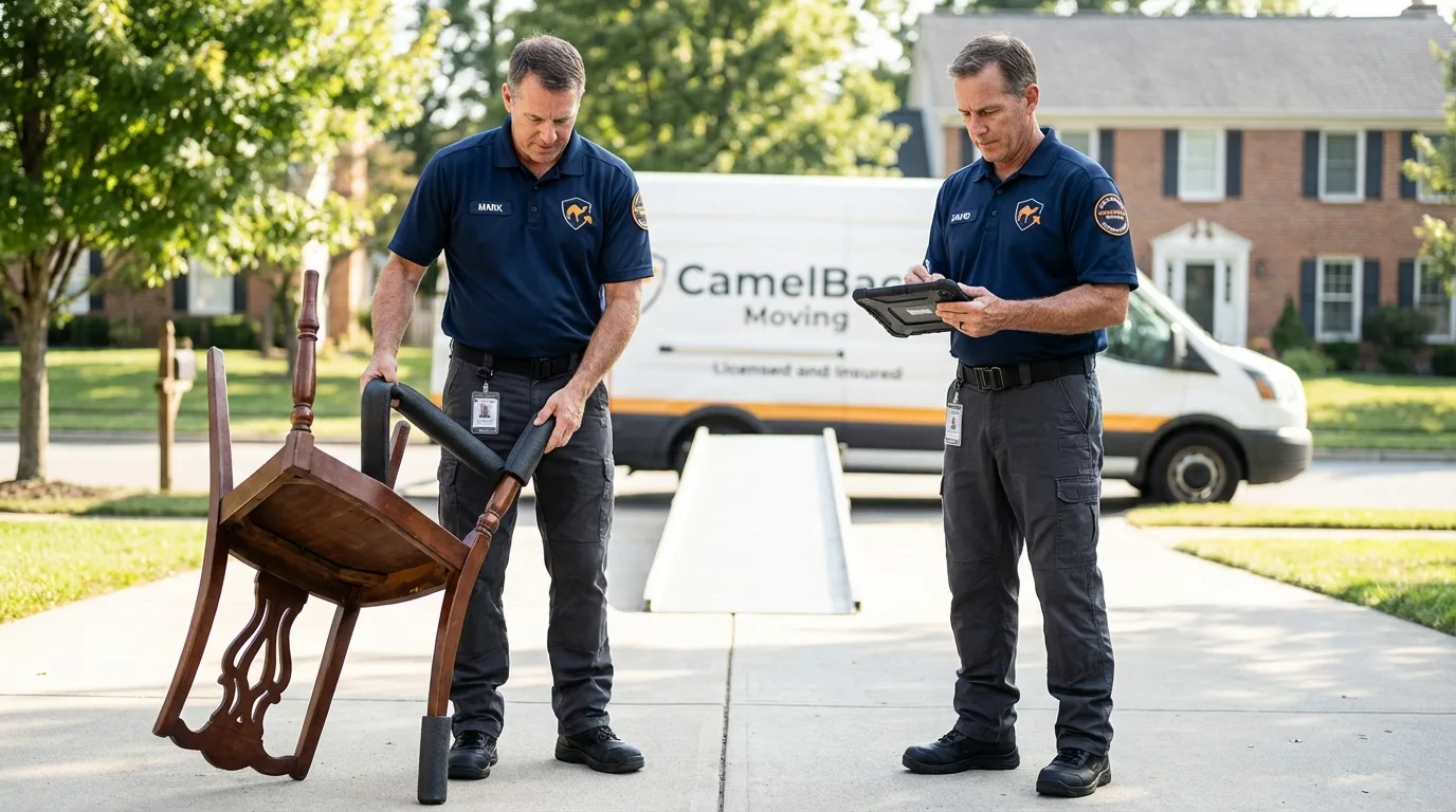 Movers inspecting furniture for damage prevention before loading in Detroit Lakes, MN