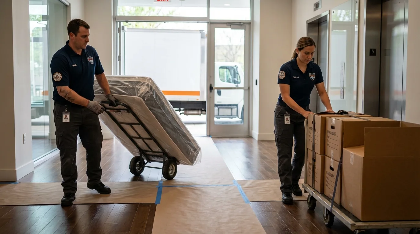 Professional apartment movers loading elevator in Detroit Lakes, MN