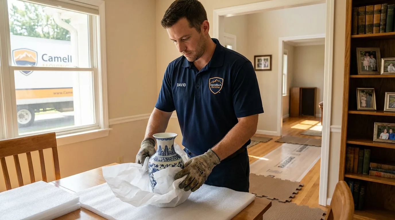 Professional crew carefully wrapping antique vase for senior downsizing move in Detroit Lakes, MN